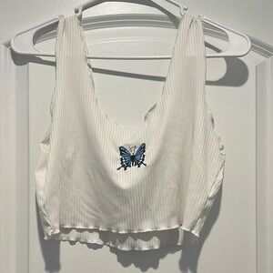 SHEIN White Ribbed Crop Tank Top with Blue Butterfly